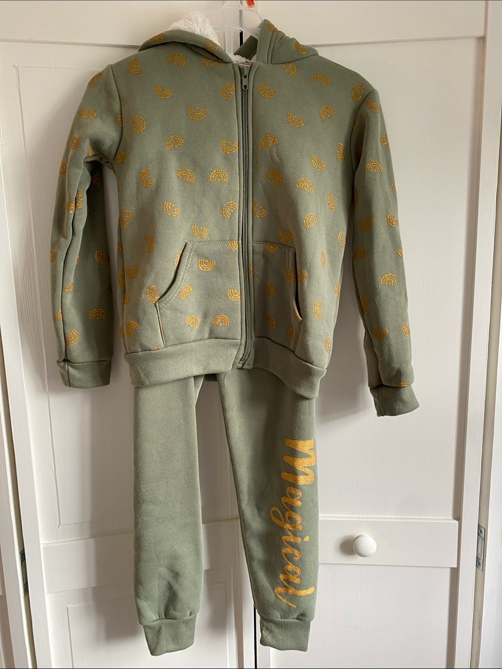Kids Olive Green Hooded Sweatpants Set with Gold Accents